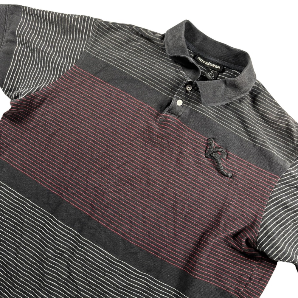 VTG Rocawear Shirt Y2K Men XL Black Striped Embroidered Short Sleeve Urban Indie